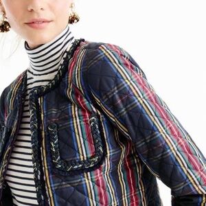 JCREW Plaid Lady Collarless Cord Detail Lightweight Nylon Quilted Jacket Blazer